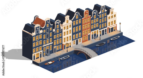 Charming isometric canal houses in amsterdam with boats and bridge