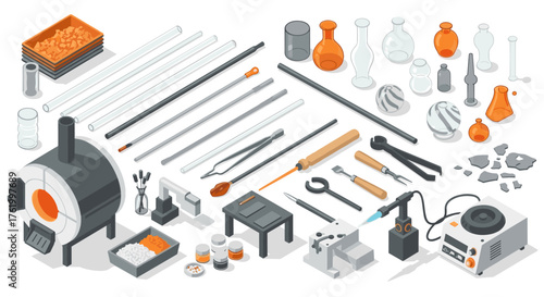 Comprehensive glassblowing tools in isometric style for craft enthusiasts
