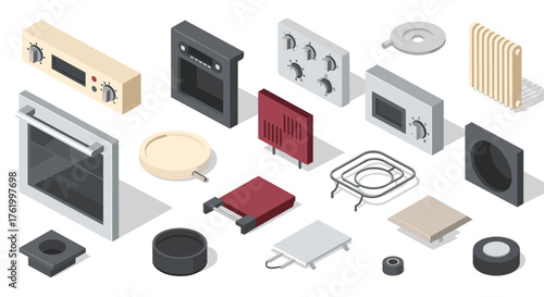 Isometric kitchen appliance parts on white background