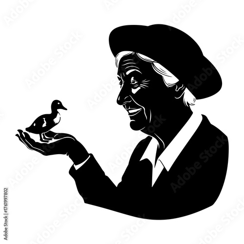 Person holding duckling black and white silhouette