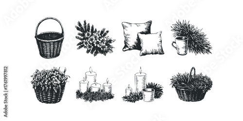 Collection of hand drawn baskets, candles, and floral arrangements