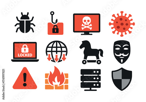 Cybersecurity threat icons: malware, phishing, virus, trojan, firewall, encryption
