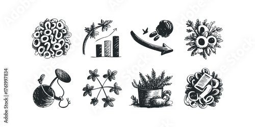 Set of sketched botanical and business icons