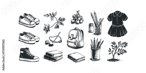 Collection of hand-drawn school supplies and clothing items