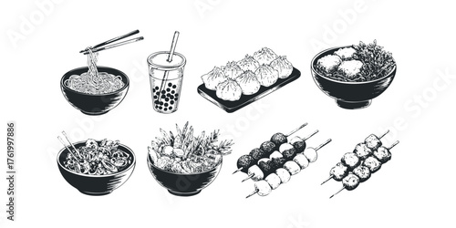 Collection of Asian street food items and drinks