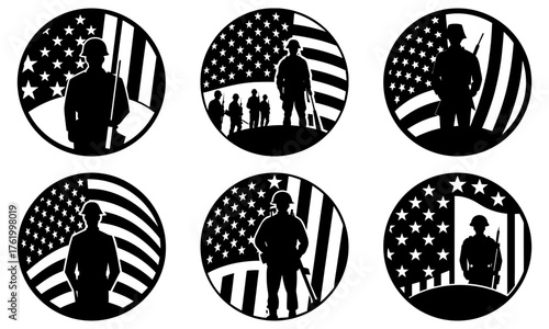 Powerful American military tribute design set ideal for patriotic displays, showcasing soldiers honoring freedom and service, ready for commercial use.