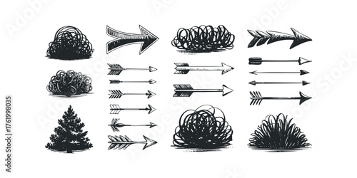 Collection of hand drawn arrows and foliage