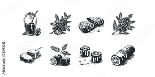 Eight hand-drawn food and drink sketches