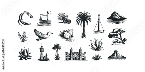Collection of Black and White Hand Drawn Scenery and Nature Icons