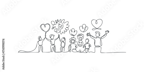 Abstract single line drawing of happy people and symbols of love