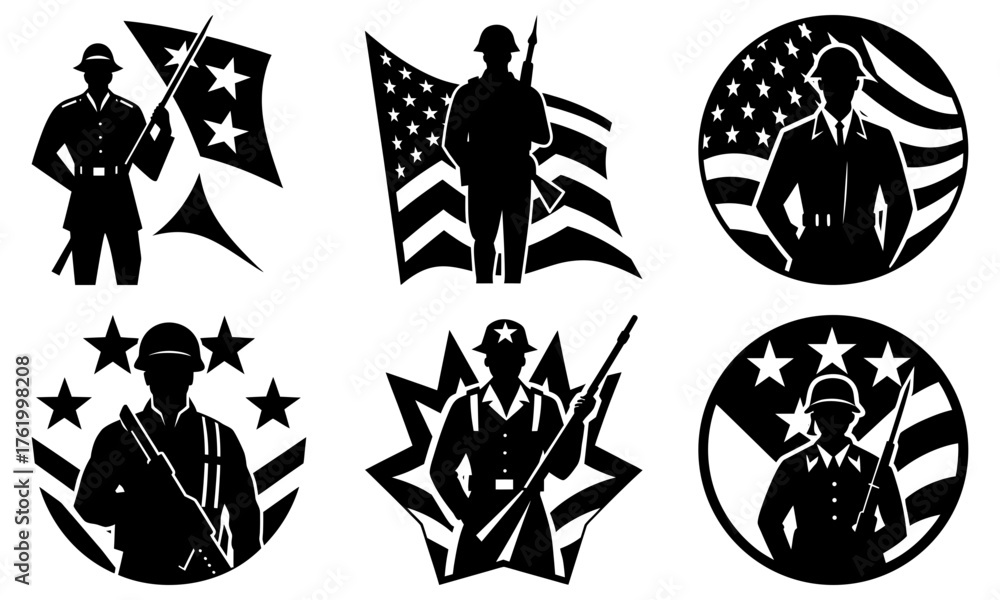 Naklejka premium Honor American Heroes with Patriotic Soldier Silhouettes, perfect for Veterans Day, Memorial Day designs, and celebrating military service and sacrifice