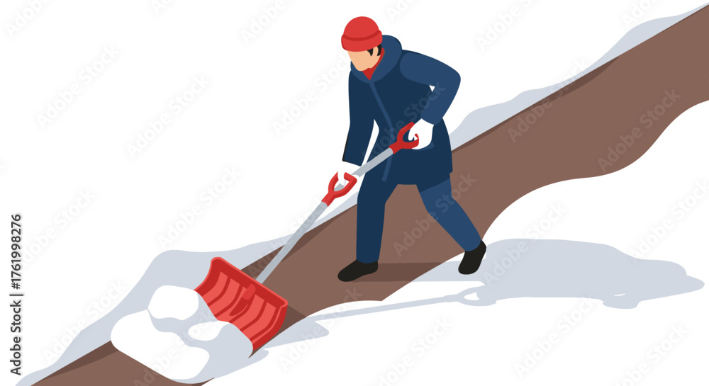 Fototapeta premium Person clearing snowy pathway with red shovel in winter scene
