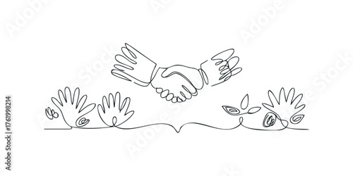 Line art of hands shaking and open hands with plants