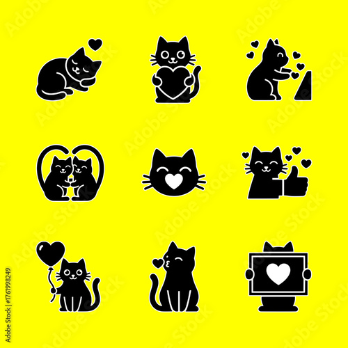 Cat love like approve icons twitch outline emotes black and white isolated yellow background