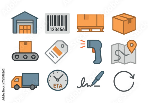 Warehouse and delivery icons: barcode, pallet, box, truck, eta, map, conveyor belt