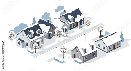 Cozy winter neighborhood in isometric style with snow-covered houses and streets