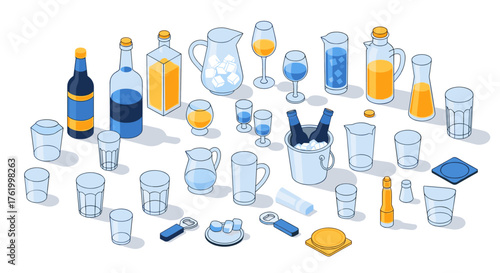 Isometric beverage set with glasses and bottles in blue and orange tones