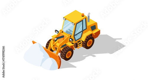 Isometric snow plow removing snow with a yellow bulldozer on a clear winter day