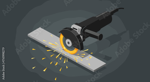 Isometric angle grinder cutting metal with sparks emitting on dark background