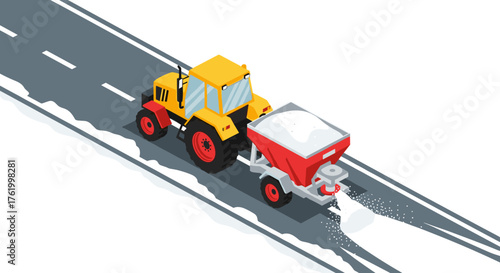 Isometric illustration of snow plow tractor clearing road during winter