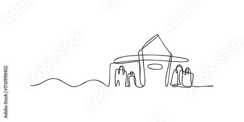 Continuous line drawing of shopping bags and a building