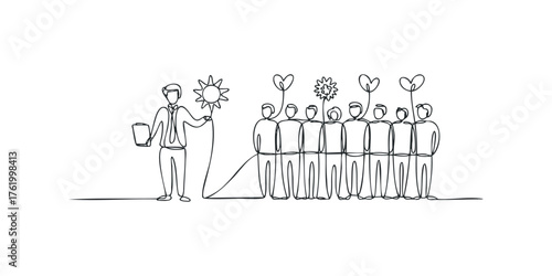 Man with Sun and Hearts Leading Group of People