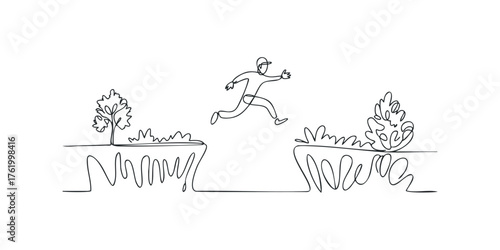Person leaping across a chasm in a single line drawing