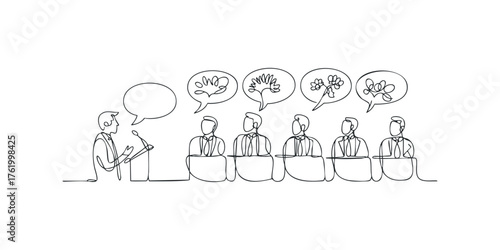 Speaker addressing audience with different thought bubbles