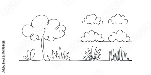 Simple Continuous Line Drawing of Tree and Clouds