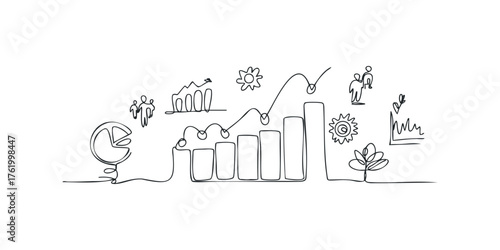 Line art business growth concepts with charts and figures