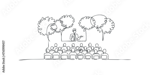 Speaker addresses audience under stylized trees
