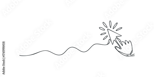 Single line drawing of a hand clicking a cursor with radiant effect