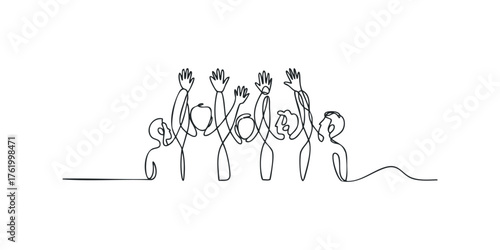 Group of people raising hands together