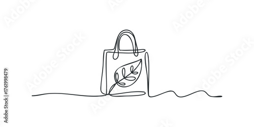 Minimalist single line drawing of a tote bag with a leaf motif