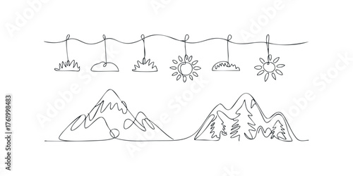 Continuous line drawing of mountains and suns on string