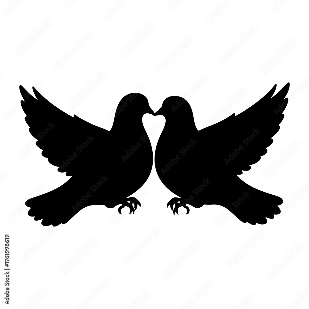Obraz premium Two black doves kissing forming a heart birds silhouette