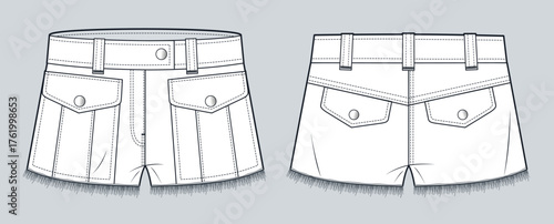  Low Waist Denim Hot Shorts with Front Flap Pockets Fashion Flat Sketch. Short Pants fashion flat technical drawing template, front and back view, white, women, men, unisex CAD mockup.