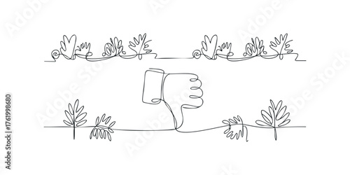 Continuous line drawing of foliage and thumbs down gesture