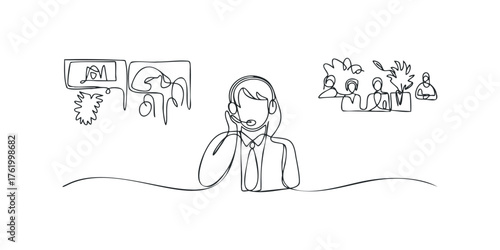 Call center agent with headset and customer service icons