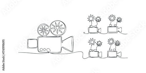 Vintage film camera with blooming flowers drawing