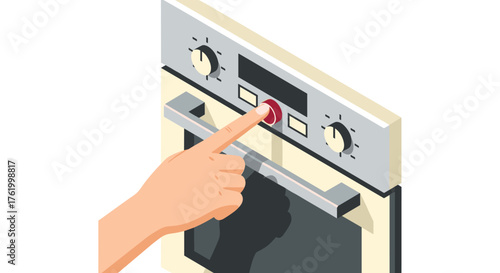 Modern isometric oven with hand pressing button for kitchen appliance control concept
