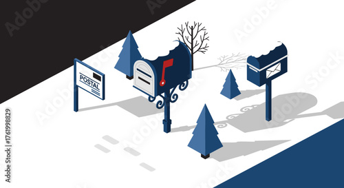 Festive winter mailboxes in isometric snowy forest scene
