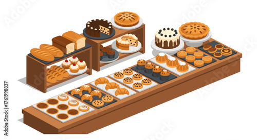 Isometric bakery display with assorted bread and pastries