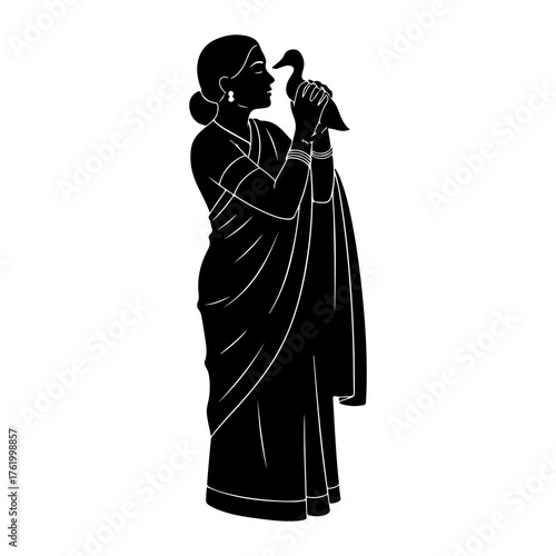 Woman holding a bird silhouette sari