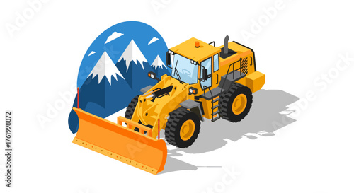 Isometric snowplow in mountainous winter landscape