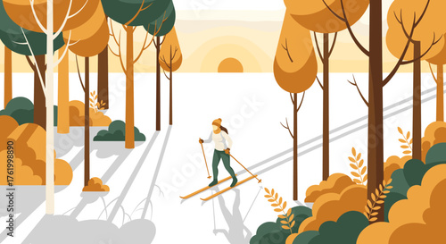 Autumn forest adventure: woman cross-country skiing at sunset