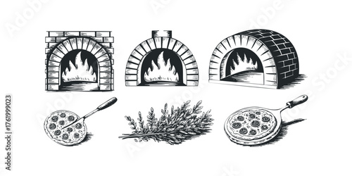 Collection of Hand-Drawn Pizza Ovens and Pizza Elements