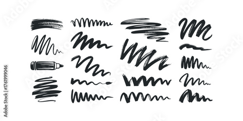 Black Marker Strokes and Scribbles Isolated on White