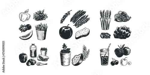 Hand Drawn Assortment of Fruits, Vegetables, and Grains