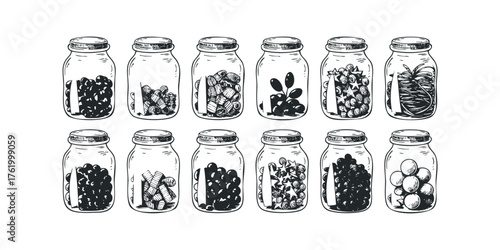 Collection of Twelve Assorted Glass Jars With Various Contents